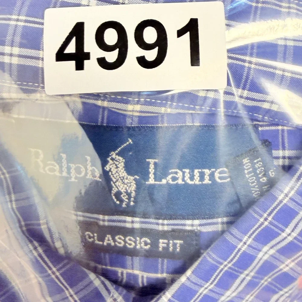Vintage Ralph Lauren Button Down Shirt Men M Blue Plaid Classic Fit Red Pony